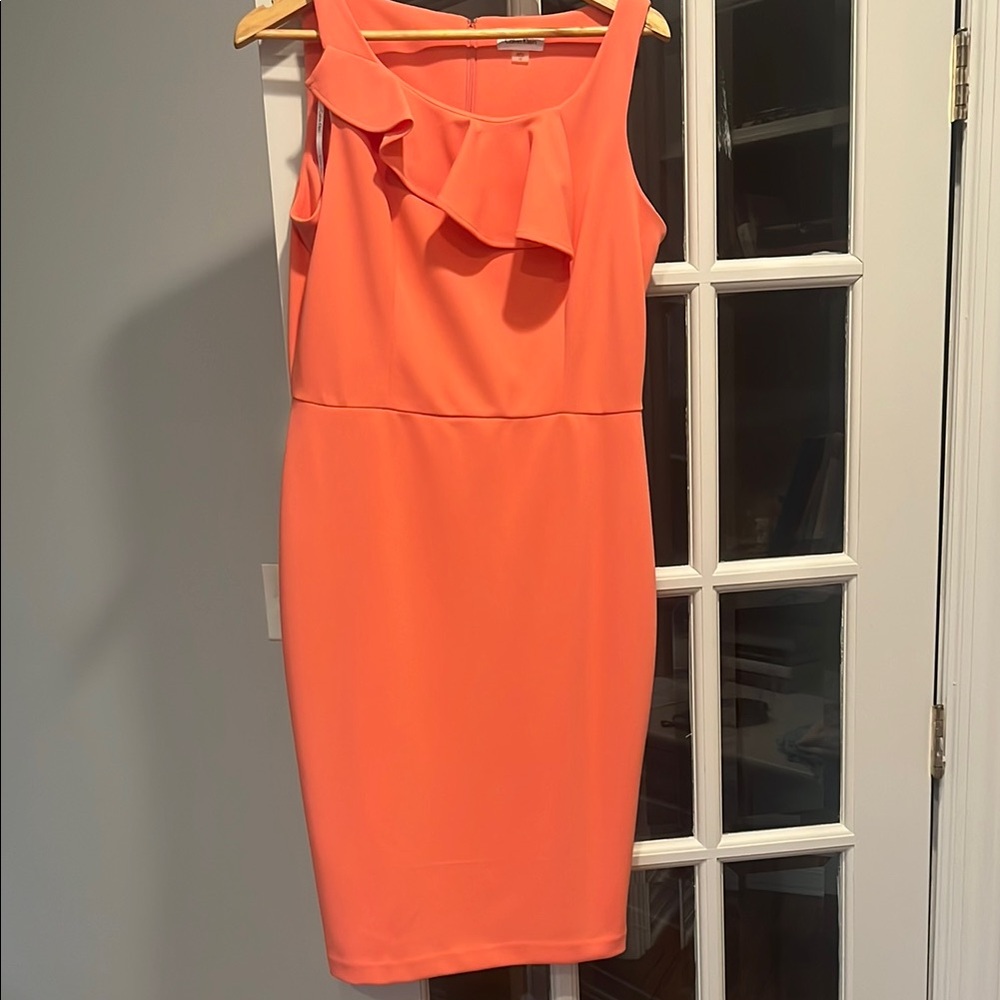 Calvin Klein Pink and Orange Asymmetrical Ruffled Mini Dress